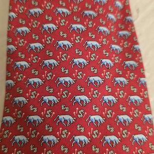 Vineyard Vines Red Silk Tie With Bulls And Dollar Signs